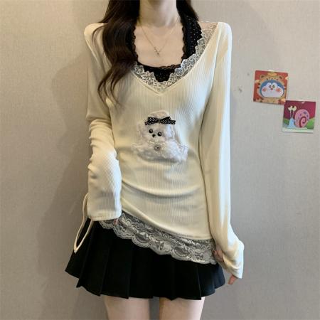 FA50763# 秋冬甜美纯欲风蕾丝花边波点磨毛加厚内搭不规则假两件