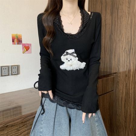 FA50763# 秋冬甜美纯欲风蕾丝花边波点磨毛加厚内搭不规则假两件