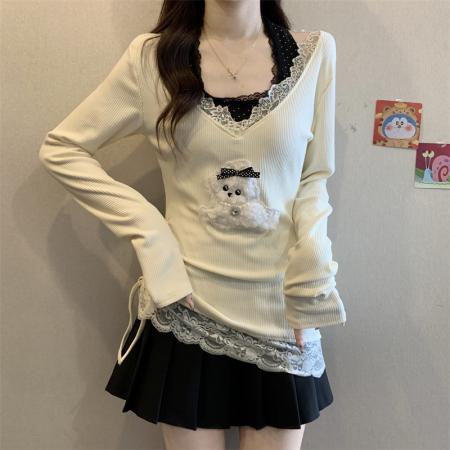 FA50763# 秋冬甜美纯欲风蕾丝花边波点磨毛加厚内搭不规则假两件