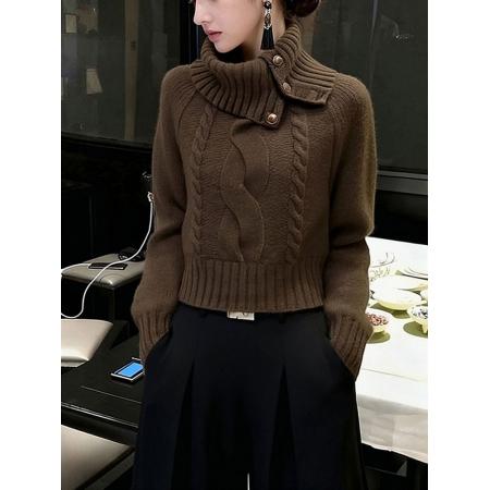 FA50764# 秋冬老钱风高领麻花针织衫女新款设计感咖色套头时尚气质毛衣