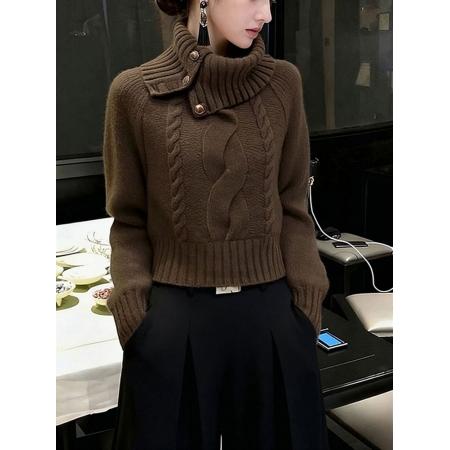 FA50764# 秋冬老钱风高领麻花针织衫女新款设计感咖色套头时尚气质毛衣