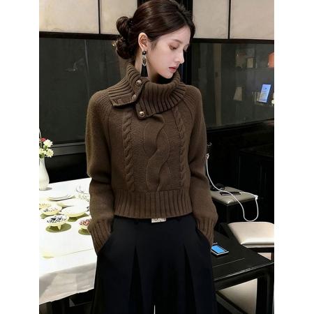 FA50764# 秋冬老钱风高领麻花针织衫女新款设计感咖色套头时尚气质毛衣