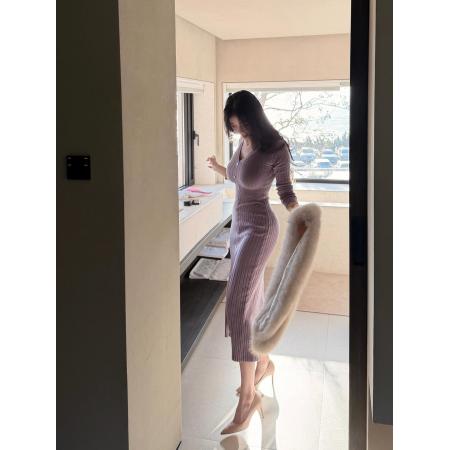 FA50765# 丁香情愫羊毛V领针织鱼尾连衣裙秋冬圣诞包臀裙