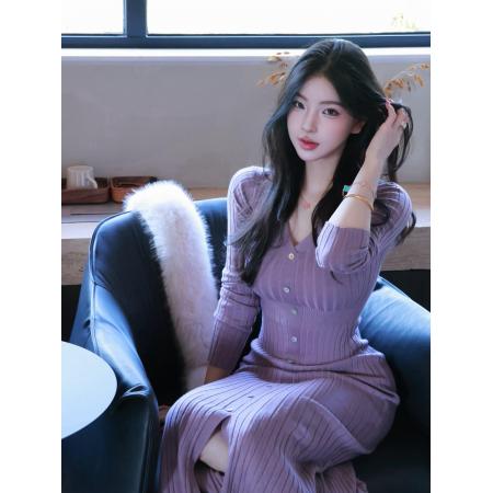 FA50765# 丁香情愫羊毛V领针织鱼尾连衣裙秋冬圣诞包臀裙