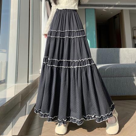 FA50767# 新款韩系木耳花边波点大摆裙女拼接高腰宽松百搭设计感半身裙