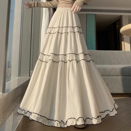 FA50767# 新款韩系木耳花边波点大摆裙女拼接高腰宽松百搭设计感半身裙