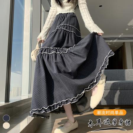 FA50767# 新款韩系木耳花边波点大摆裙女拼接高腰宽松百搭设计感半身裙