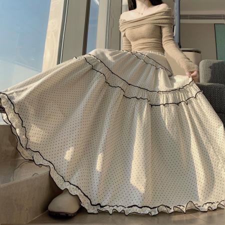 FA50767# 新款韩系木耳花边波点大摆裙女拼接高腰宽松百搭设计感半身裙
