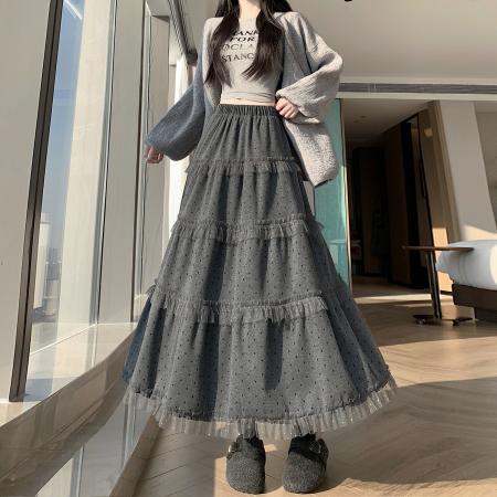 FA50768# 冬新款韩版毛呢宽松高腰时尚减龄显瘦百搭花边波点中长半身裙