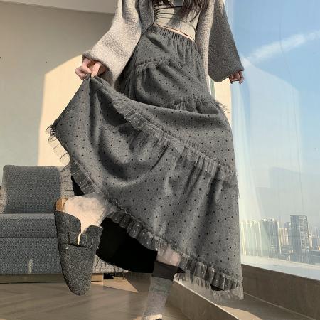 FA50768# 冬新款韩版毛呢宽松高腰时尚减龄显瘦百搭花边波点中长半身裙