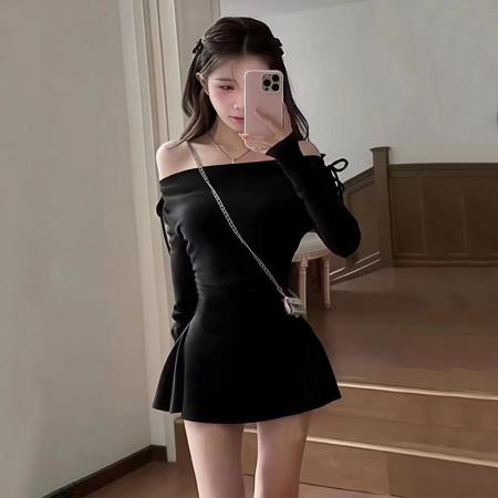 FA50769# 春秋新款气质性感显瘦包臀一字领系带打底长袖连衣裙