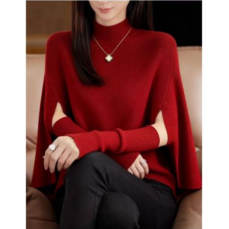 FA50771# 冬季圣诞氛围感高领斗篷披肩法式复古袖套针织毛衣外套