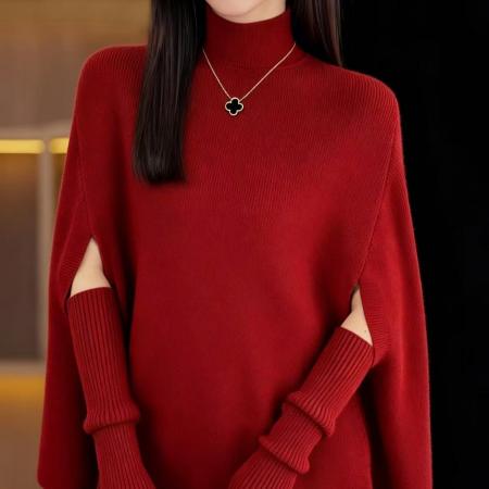 FA50771# 冬季圣诞氛围感高领斗篷披肩法式复古袖套针织毛衣外套