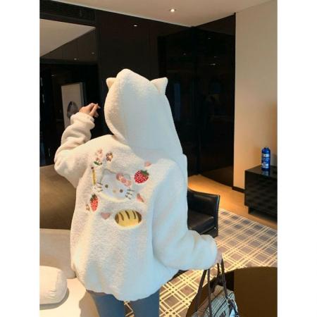 FA50773# 韩系白色羊羔毛短款连帽刺绣外套女秋冬季显瘦韩系氛围感上衣 服裝批發女裝批發服飾貨源