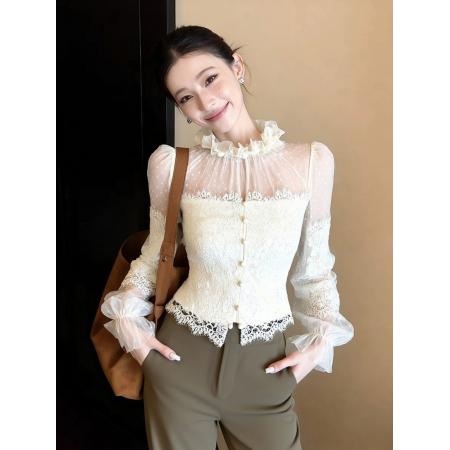 FA50785# 白色蕾丝打底衫新款冬轻奢高级感独特漂亮保暖加厚木耳边上衣 服裝批發女裝批發服飾貨源