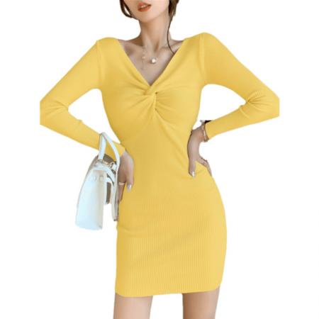 FA50786# 扭结针织连衣裙女新款秋冬配大衣性感v领修身打底包臀毛衣裙 服裝批發女裝批發服飾貨源