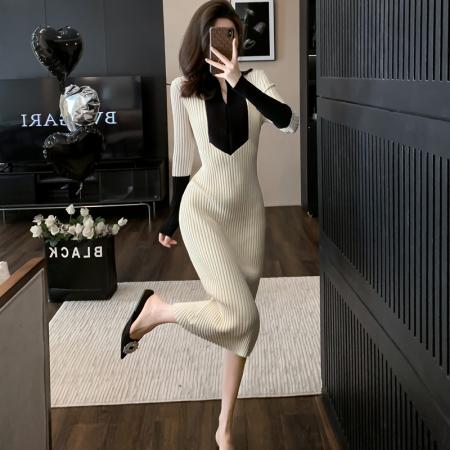 FA50788# 配风衣的内搭打底针织连衣裙子女春秋冬天连体包臀修身显瘦高级感 服裝批發女裝批發服飾貨源