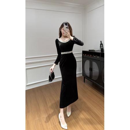 FA50789# 秋冬新款法式方领修身显瘦气质长袖丝绒连衣裙名媛宴会晚礼服 服裝批發女裝批發服飾貨源