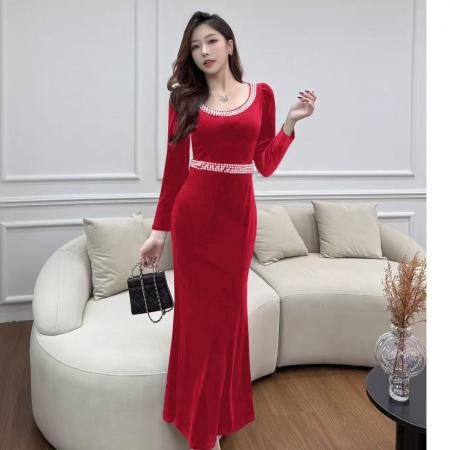 FA50789# 秋冬新款法式方领修身显瘦气质长袖丝绒连衣裙名媛宴会晚礼服 服裝批發女裝批發服飾貨源