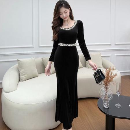 FA50789# 秋冬新款法式方领修身显瘦气质长袖丝绒连衣裙名媛宴会晚礼服 服裝批發女裝批發服飾貨源