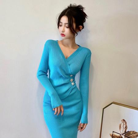 FA50791# 格格家气质法式名媛御姐风性感深V高腰显瘦侧边钻扣针织连衣裙 服裝批發女裝批發服飾貨源