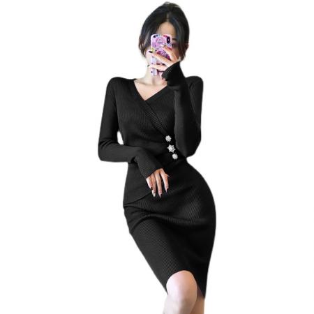 FA50791# 格格家气质法式名媛御姐风性感深V高腰显瘦侧边钻扣针织连衣裙 服裝批發女裝批發服飾貨源