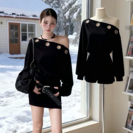 FA50799# 美式辣妹性感斜肩黑色长袖连衣裙女秋冬设计感收腰显瘦包臀短裙子 服裝批發女裝批發服飾貨源