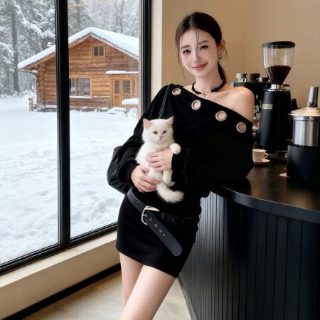 FA50799# 美式辣妹性感斜肩黑色长袖连衣裙女秋冬设计感收腰显瘦包臀短裙子 服裝批發女裝批發服飾貨源