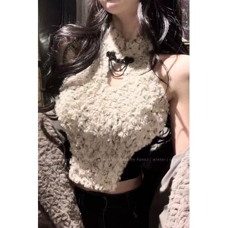 FA50801# 少女感绝美玫瑰花毛毛拼接设计感挂脖背心打底性感露肩 服裝批發女裝批發服飾貨源