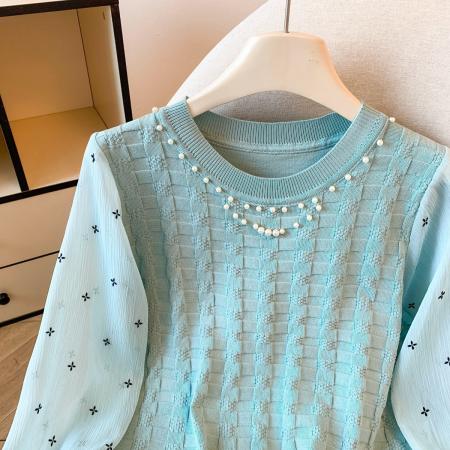 FA50811# 秋冬新款针织拼接雪纺衬衫设计感上衣欧货漂亮洋气打底衫 服裝批發女裝批發服飾貨源