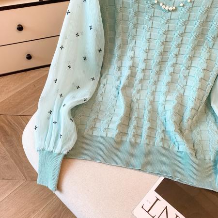 FA50811# 秋冬新款针织拼接雪纺衬衫设计感上衣欧货漂亮洋气打底衫 服裝批發女裝批發服飾貨源