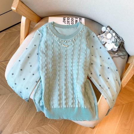 FA50811# 秋冬新款针织拼接雪纺衬衫设计感上衣欧货漂亮洋气打底衫 服裝批發女裝批發服飾貨源