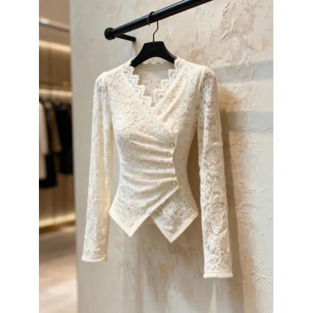 FA50818# 白色蕾丝上衣新款爆款名媛高级感独特漂亮法式收腰内搭衬衫女 服裝批發女裝批發服飾貨源