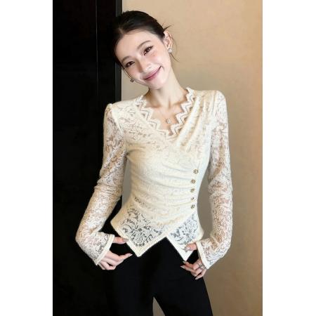 FA50818# 白色蕾丝上衣新款爆款名媛高级感独特漂亮法式收腰内搭衬衫女 服裝批發女裝批發服飾貨源