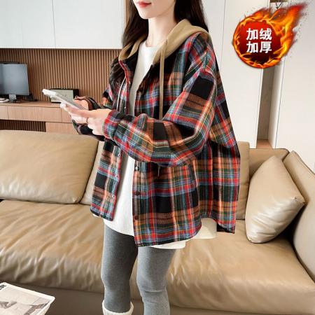 FA50828# 原布格子复真超加绒加厚卫衣女秋冬季新款中长款外套 服裝批發女裝批發服飾貨源