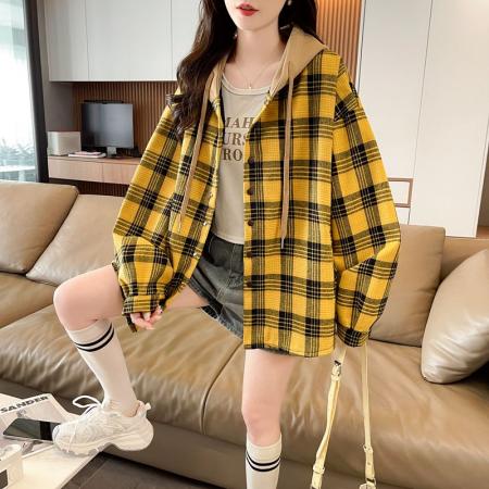 FA50828# 原布格子复真超加绒加厚卫衣女秋冬季新款中长款外套 服裝批發女裝批發服飾貨源