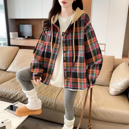 FA50828# 原布格子复真超加绒加厚卫衣女秋冬季新款中长款外套 服裝批發女裝批發服飾貨源