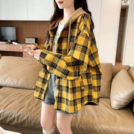 FA50828# 原布格子复真超加绒加厚卫衣女秋冬季新款中长款外套 服裝批發女裝批發服飾貨源