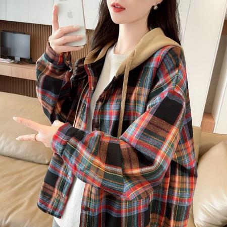 FA50828# 原布格子复真超加绒加厚卫衣女秋冬季新款中长款外套 服裝批發女裝批發服飾貨源