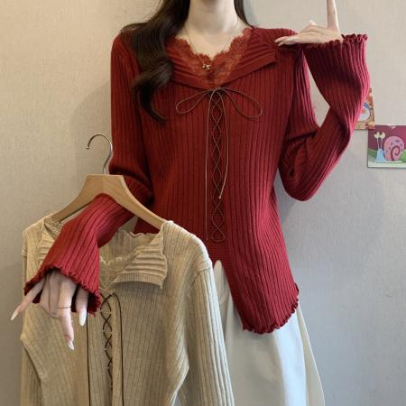FA50829# 蕾丝拼接假两件绑带v领针织衫女冬季大码长袖毛衣设计感红色上衣 服裝批發女裝批發服飾貨源