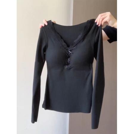 FA50831# 韩国chic韩系胸垫可拆卸纯欲蕾丝花边长袖T恤女美式辣妹打底上衣 服裝批發女裝批發服飾貨源