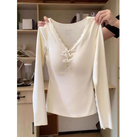 FA50831# 韩国chic韩系胸垫可拆卸纯欲蕾丝花边长袖T恤女美式辣妹打底上衣 服裝批發女裝批發服飾貨源