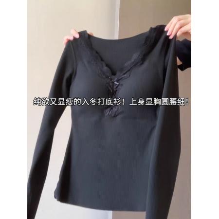FA50831# 韩国chic韩系胸垫可拆卸纯欲蕾丝花边长袖T恤女美式辣妹打底上衣 服裝批發女裝批發服飾貨源