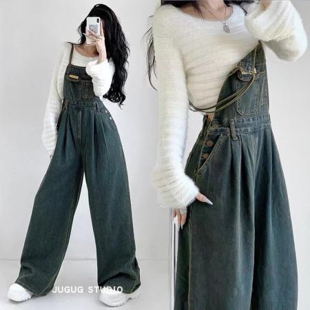 FA50832# 大码复古高腰牛仔背带裤女秋冬新款设计感显瘦宽松直筒阔腿连体裤 服裝批發女裝批發服飾貨源