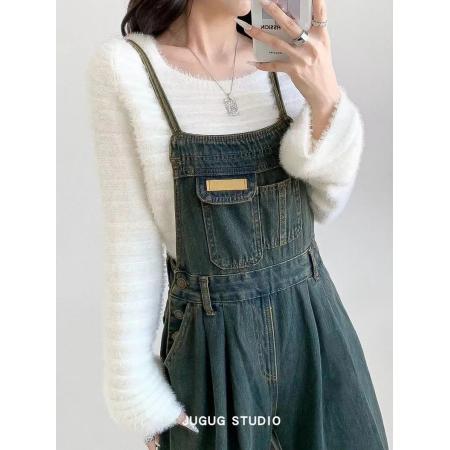 FA50832# 大码复古高腰牛仔背带裤女秋冬新款设计感显瘦宽松直筒阔腿连体裤 服裝批發女裝批發服飾貨源