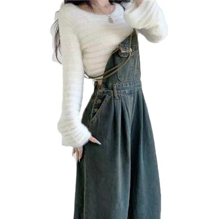 FA50832# 大码复古高腰牛仔背带裤女秋冬新款设计感显瘦宽松直筒阔腿连体裤 服裝批發女裝批發服飾貨源