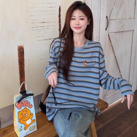 FA50833# 腊肠狗布艺日系减龄廓形宽松撞色条纹长袖圆领 服裝批發女裝批發服飾貨源