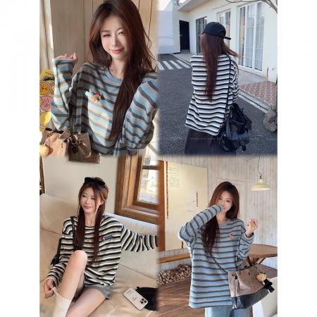 FA50833# 腊肠狗布艺日系减龄廓形宽松撞色条纹长袖圆领 服裝批發女裝批發服飾貨源