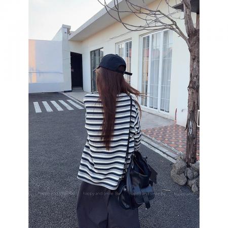 FA50833# 腊肠狗布艺日系减龄廓形宽松撞色条纹长袖圆领 服裝批發女裝批發服飾貨源