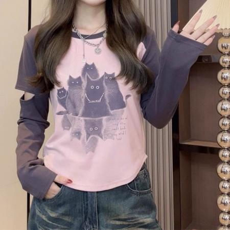 FA50834# 纯棉罗纹设计撞色插肩割破长袖T恤 服裝批發女裝批發服飾貨源